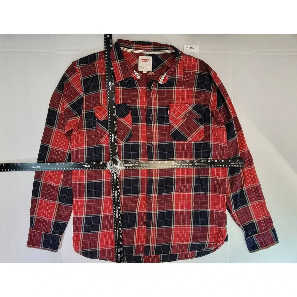 Levi Strauss Co Mens Red Black‎ Plaid Flannel Long Sleeve Button Up Shirt Size L